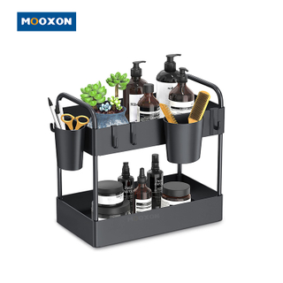 Double Tier ABS Plastic Under Sink Rack Organizer With Hooks