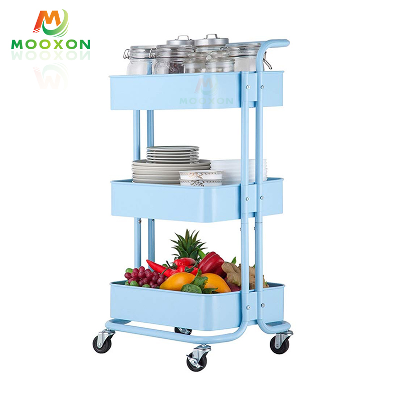 Kitchen Storage Rack Hand Cart Utility 3 Shelves Organizer Mesh Tray Rolling Trolley 